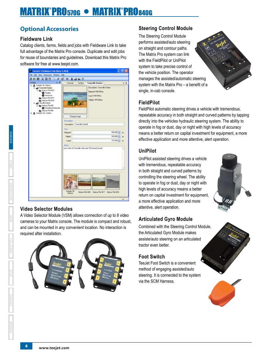 Optional accessories, Fieldware link, Video selector modules | Steering control module, Fieldpilot, Unipilot, Articulated gyro module, Foot switch | TeeJet Matrix Pro 840G User Manual User Manual | Page 11 / 127