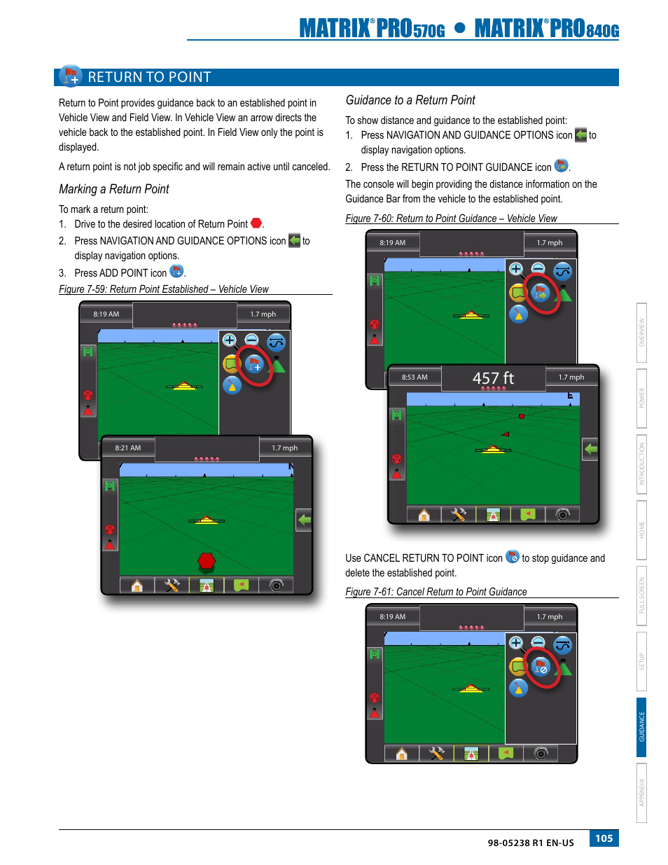 Return to point, Marking a return point, Guidance to a return point | Marking a return point guidance to a return point, 457 ft | TeeJet Matrix Pro 840G User Manual User Manual | Page 112 / 127