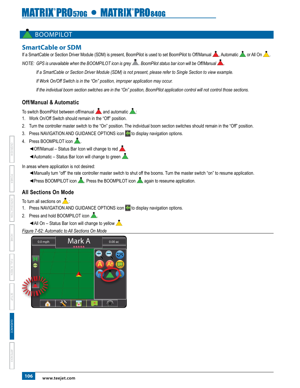 Boompilot, Smartcable or sdm, Off/manual & automatic | All sections on mode, Boompilot 106, Off/manual & automatic all sections on mode, Mark a, Boompilot smartcable or sdm | TeeJet Matrix Pro 840G User Manual User Manual | Page 113 / 127