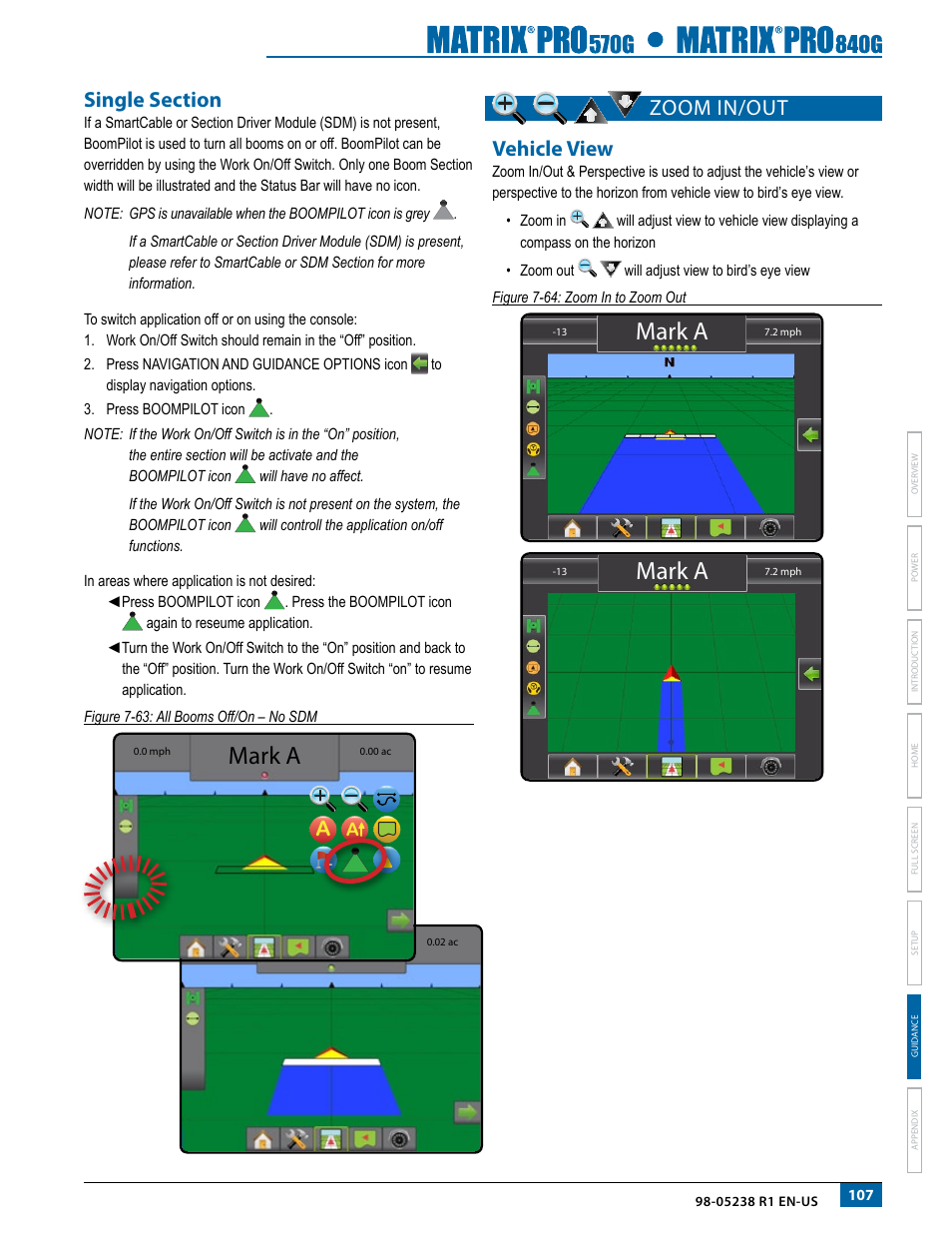 Single section, Zoom in/out, Vehicle view | Mark a, Zoom in/out vehicle view | TeeJet Matrix Pro 840G User Manual User Manual | Page 114 / 127