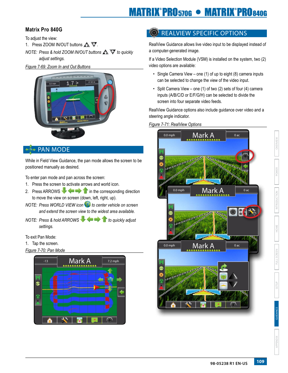 Pan mode, Realview specific options, Mark a | Matrix pro 840g | TeeJet Matrix Pro 840G User Manual User Manual | Page 116 / 127
