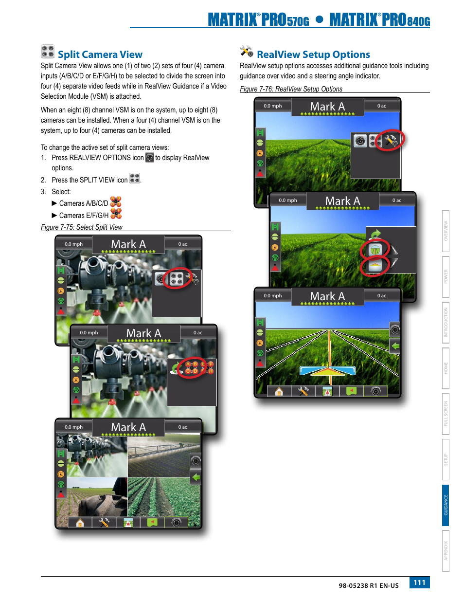 Split camera view, Realview setup options, Mark a | TeeJet Matrix Pro 840G User Manual User Manual | Page 118 / 127