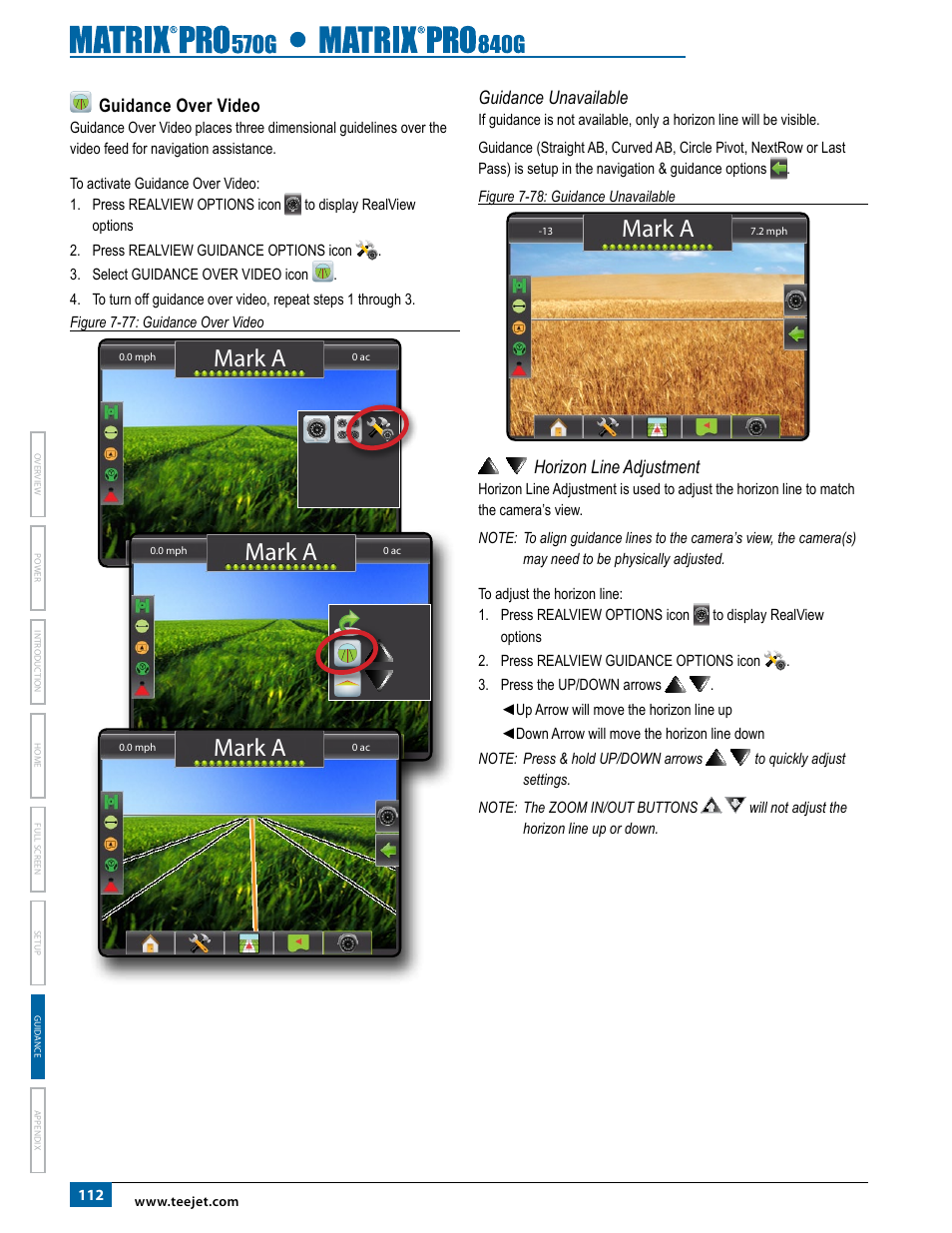 Guidance over video, Guidance unavailable, Horizon line adjustment | Mark a | TeeJet Matrix Pro 840G User Manual User Manual | Page 119 / 127