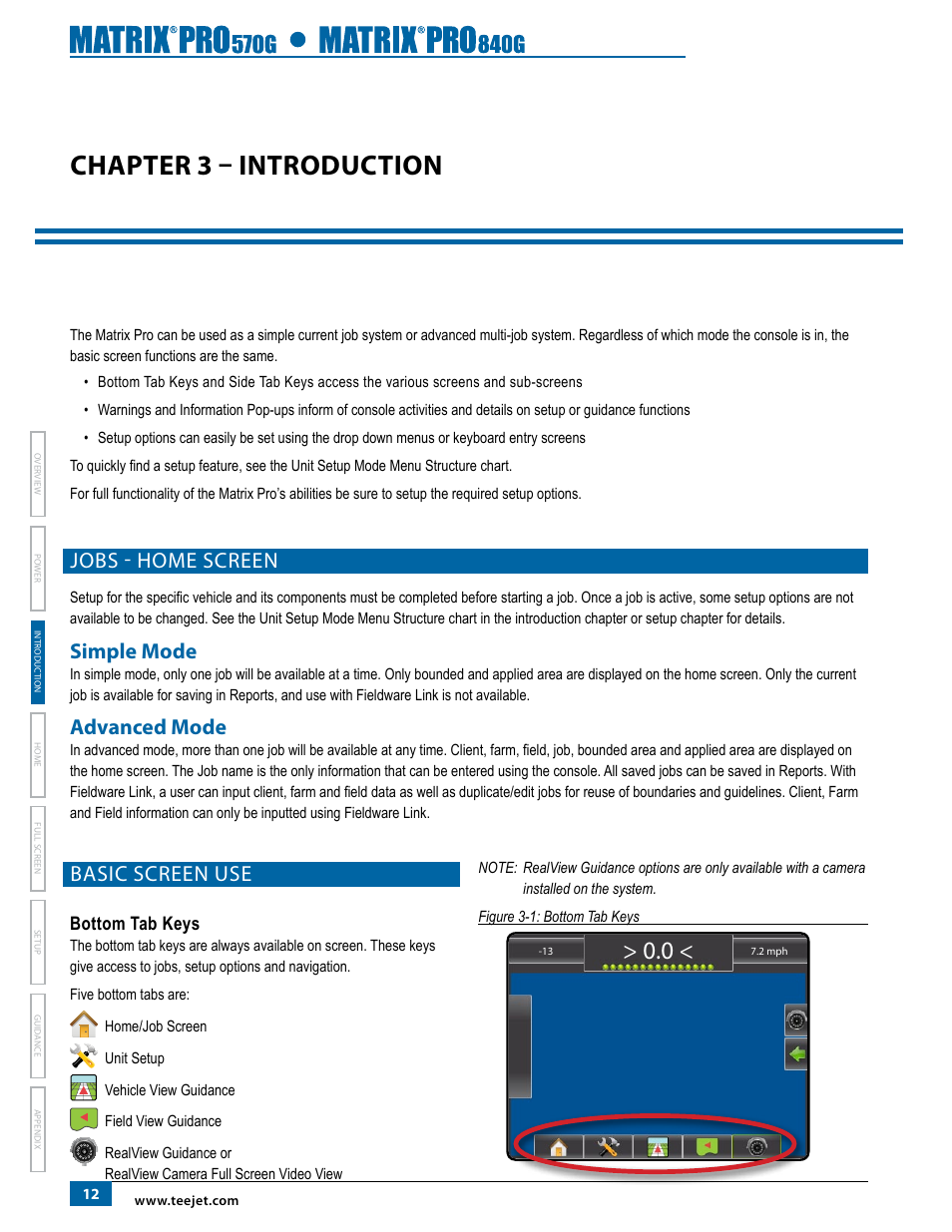 Chapter 3 – introduction, Jobs - home screen, Simple mode | Advanced mode, Basic screen use, Bottom tab keys, Simple mode advanced mode | TeeJet Matrix Pro 840G User Manual User Manual | Page 19 / 127