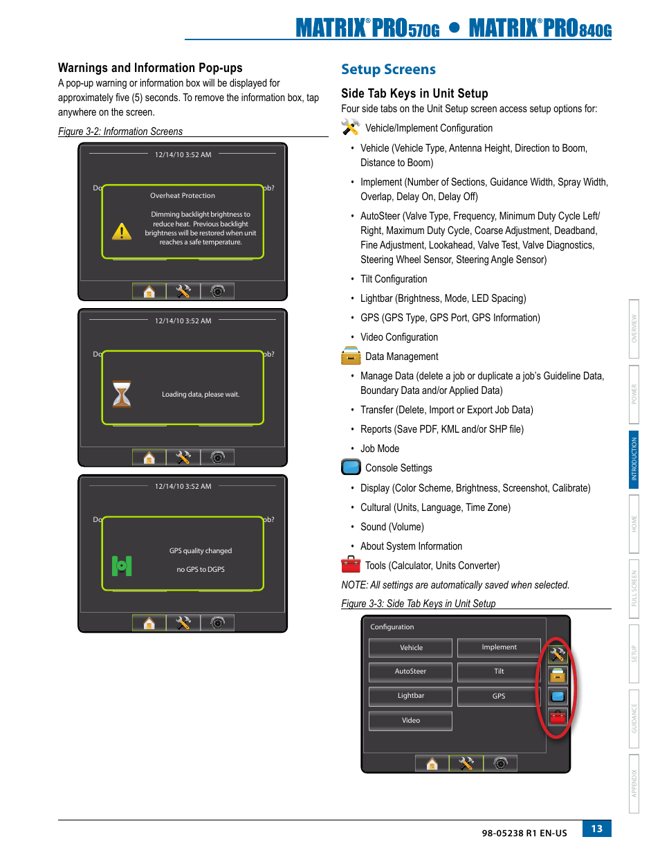 Warnings and information pop-ups, Setup screens, Side tab keys in unit setup | TeeJet Matrix Pro 840G User Manual User Manual | Page 20 / 127