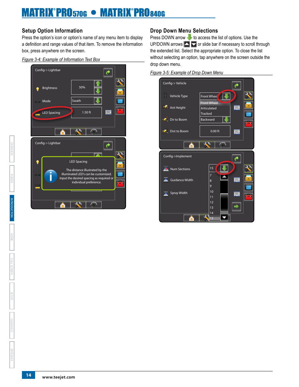 Setup option information, Drop down menu selections, Setup option information drop down menu selections | TeeJet Matrix Pro 840G User Manual User Manual | Page 21 / 127