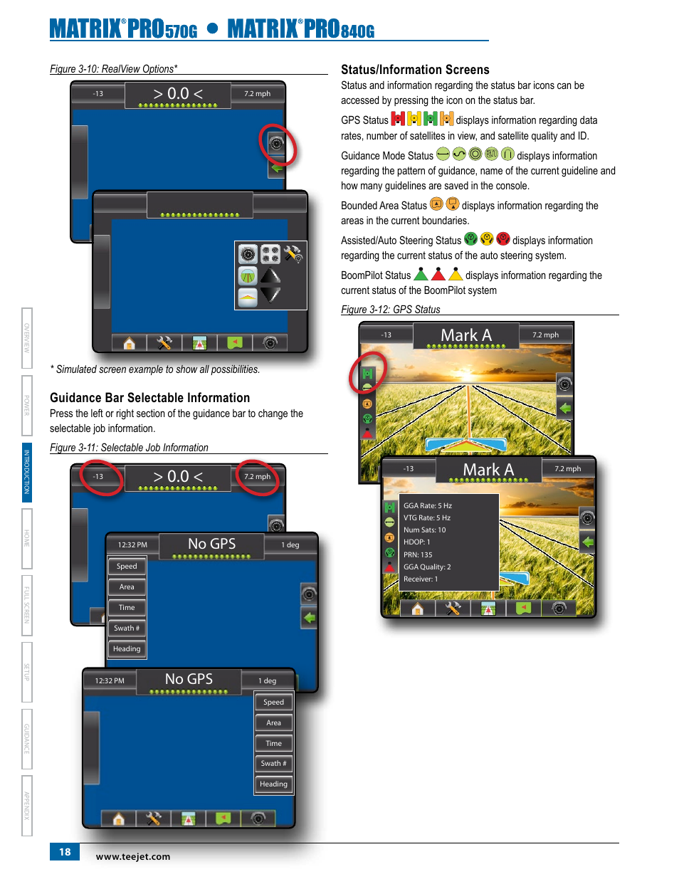 Guidance bar selectable information, Status/information screens, Mark a | No gps | TeeJet Matrix Pro 840G User Manual User Manual | Page 25 / 127