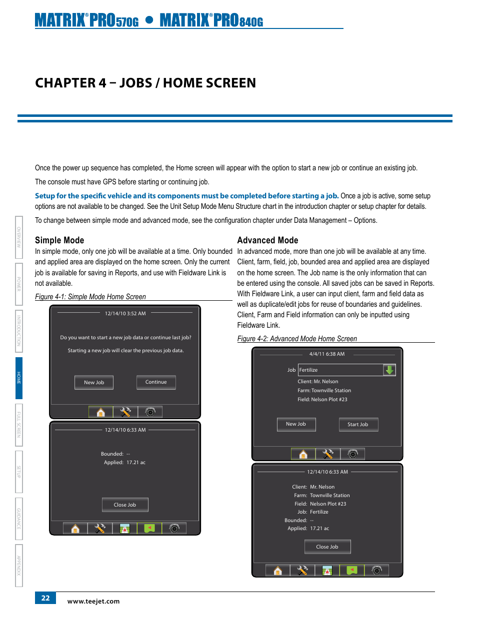 Chapter 4 – jobs / home screen, Simple mode, Advanced mode | TeeJet Matrix Pro 840G User Manual User Manual | Page 29 / 127