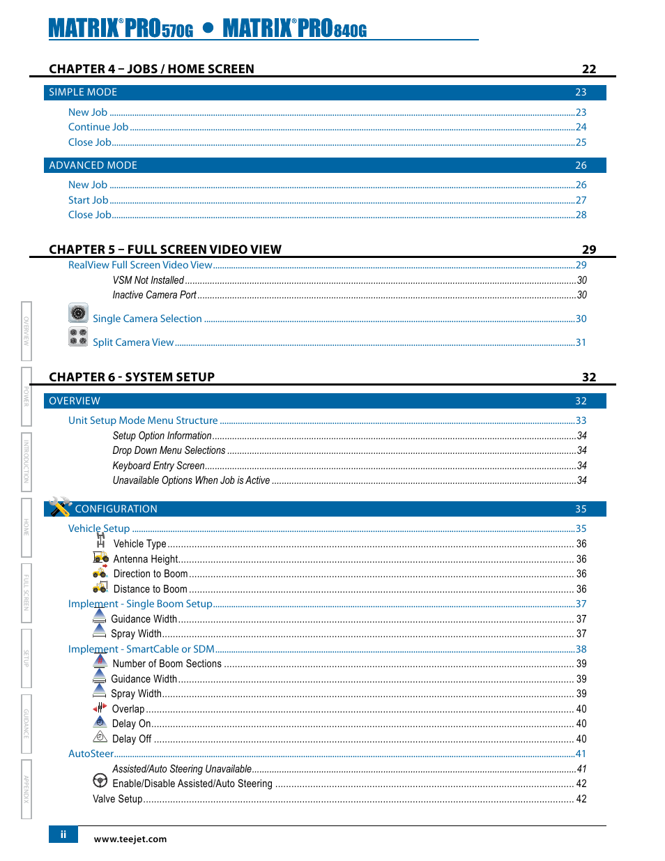 Chapter 4 – jobs / home screen 22, Chapter 5 – full screen video view 29, Chapter 6 - system setup 32 | TeeJet Matrix Pro 840G User Manual User Manual | Page 3 / 127