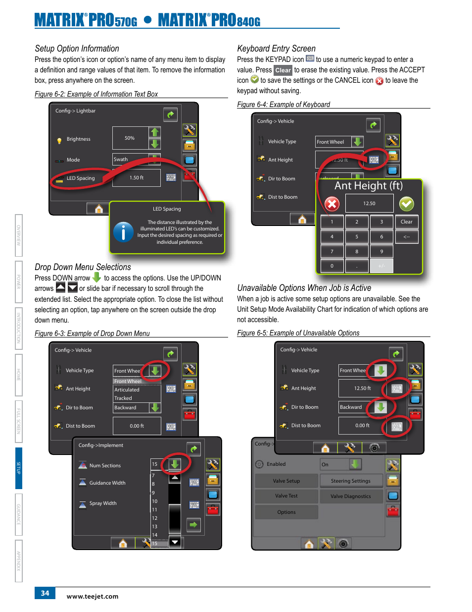 Setup option information, Drop down menu selections, Keyboard entry screen | Unavailable options when job is active, Ant height (ft) | TeeJet Matrix Pro 840G User Manual User Manual | Page 41 / 127