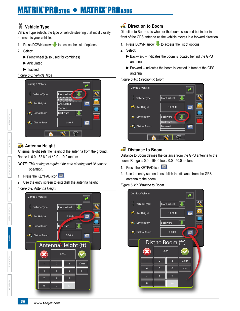 Vehicle type, Antenna height, Direction to boom | Distance to boom, Antenna height (ft), Dist to boom (ft) | TeeJet Matrix Pro 840G User Manual User Manual | Page 43 / 127