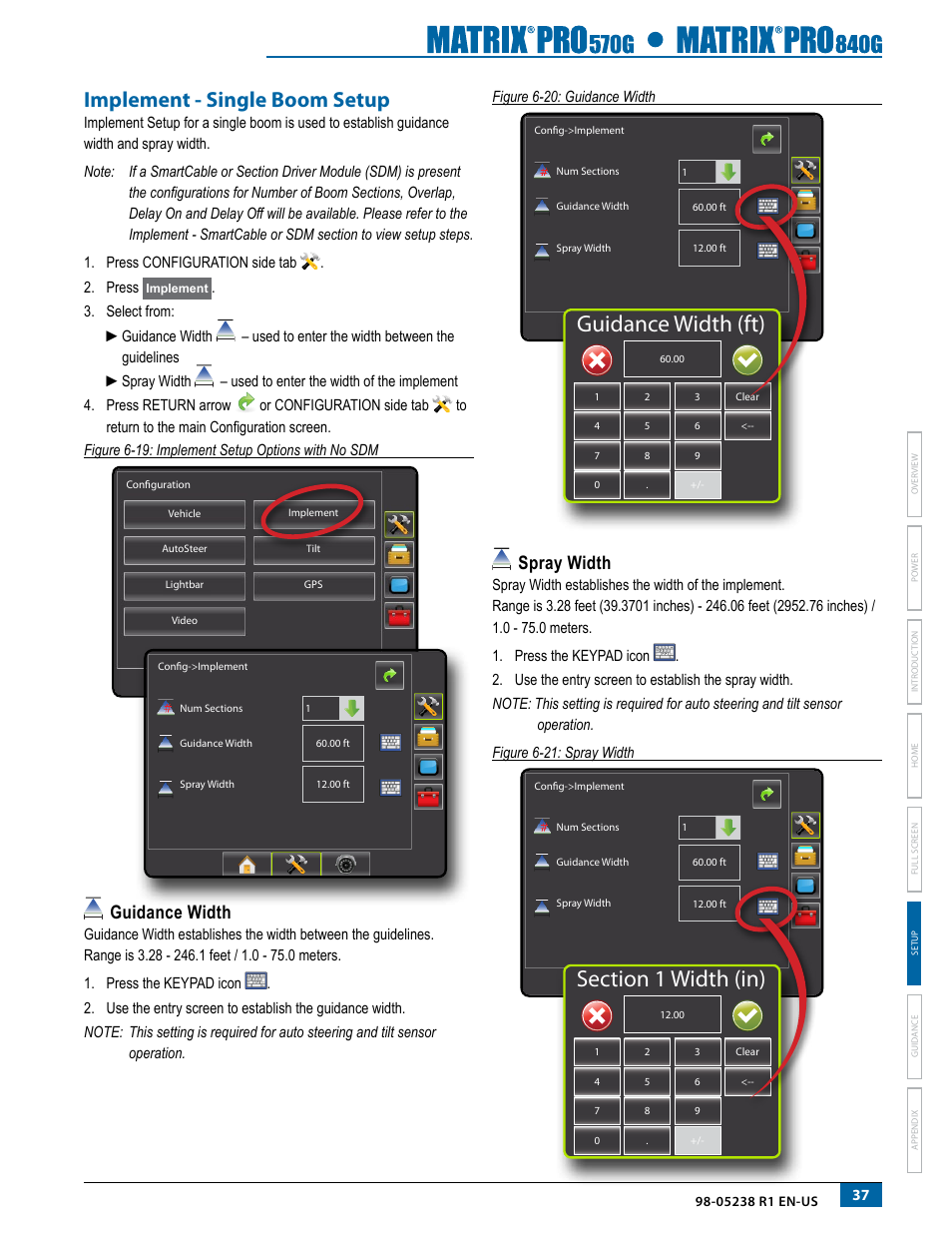Implement - single boom setup, Guidance width, Spray width | Guidance width spray width, Guidance width (ft) | TeeJet Matrix Pro 840G User Manual User Manual | Page 44 / 127