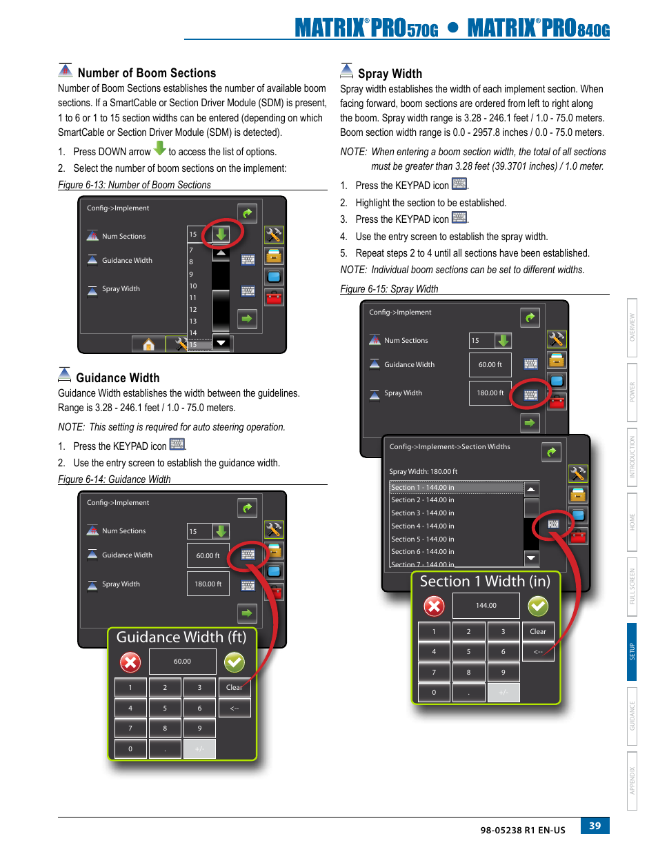 Number of boom sections, Guidance width, Spray width | Guidance width spray width, Guidance width (ft) | TeeJet Matrix Pro 840G User Manual User Manual | Page 46 / 127