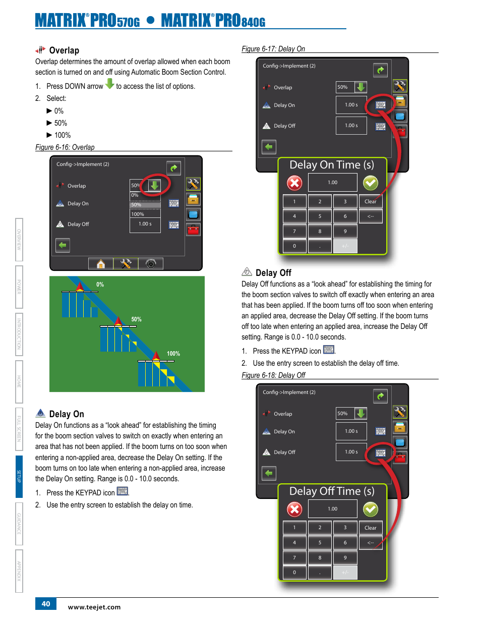 Overlap, Delay on, Delay off | Overlap delay on, Delay on time (s), Delay off time (s) | TeeJet Matrix Pro 840G User Manual User Manual | Page 47 / 127