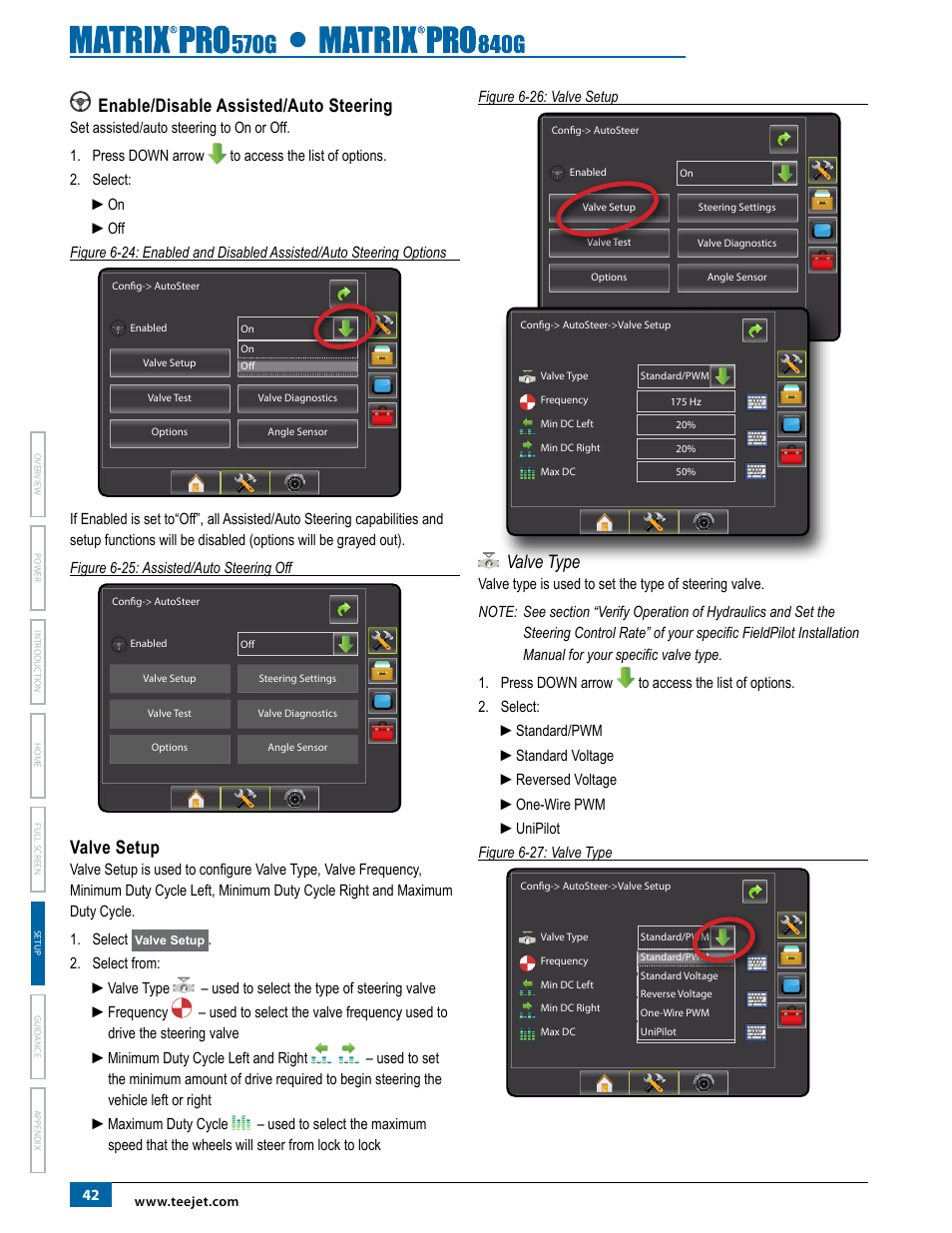 Enable/disable assisted/auto steering, Valve setup, Valve type | TeeJet Matrix Pro 840G User Manual User Manual | Page 49 / 127