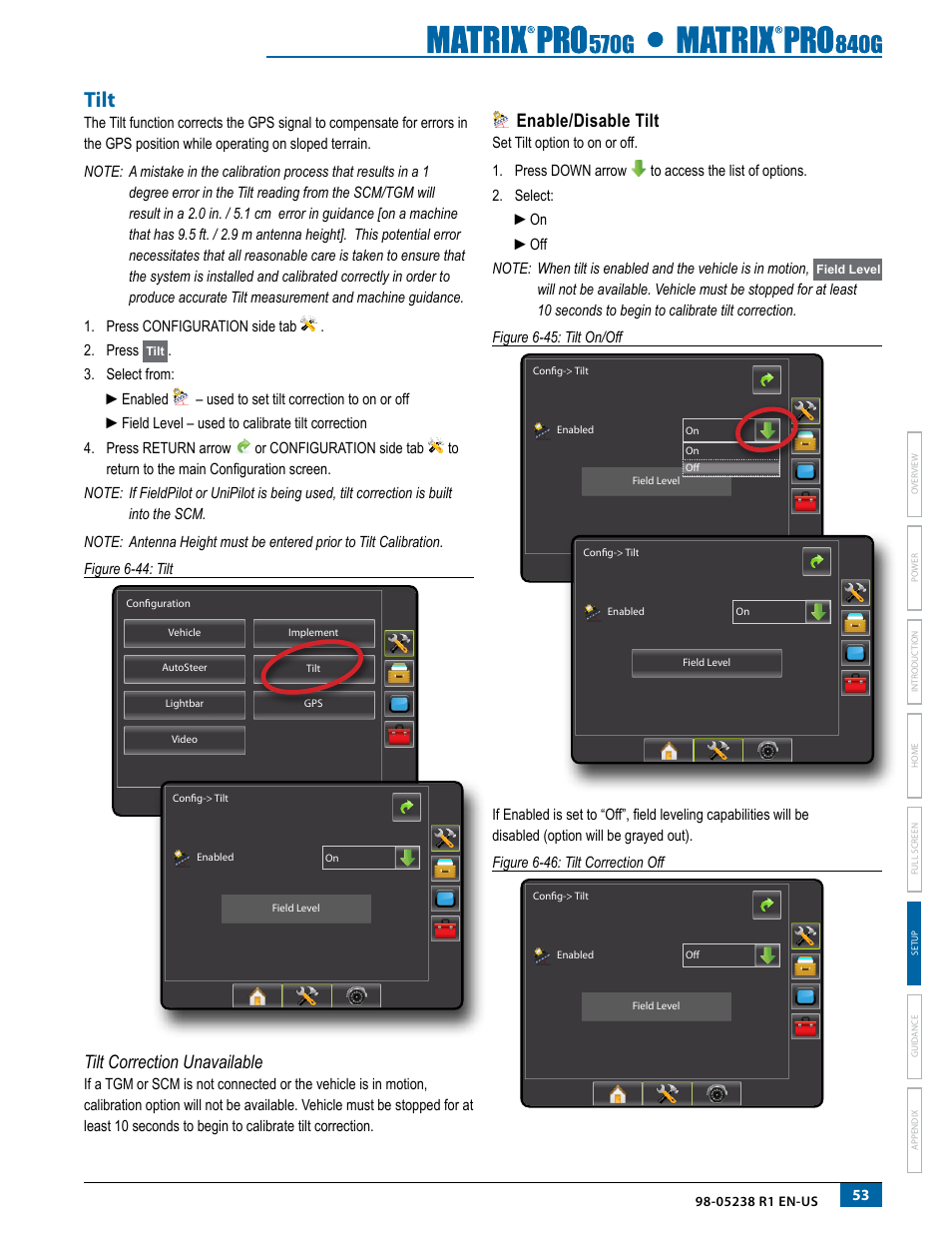 Tilt, Tilt correction unavailable, Enable/disable tilt | TeeJet Matrix Pro 840G User Manual User Manual | Page 60 / 127