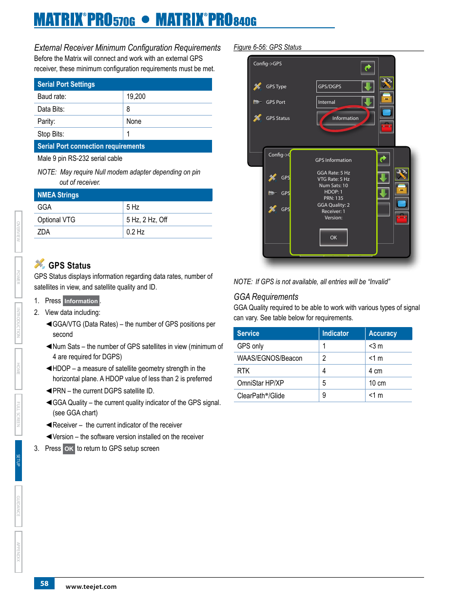 Gps status, Gga requirements | TeeJet Matrix Pro 840G User Manual User Manual | Page 65 / 127
