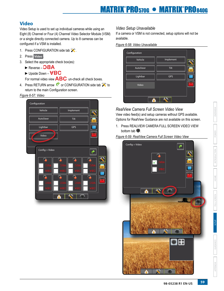 Video, Video setup unavailable, Realview camera full screen video view | TeeJet Matrix Pro 840G User Manual User Manual | Page 66 / 127