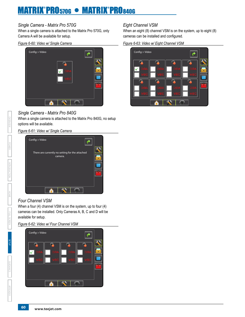 Single camera - matrix pro 570g, Single camera - matrix pro 840g, Four channel vsm | Eight channel vsm | TeeJet Matrix Pro 840G User Manual User Manual | Page 67 / 127