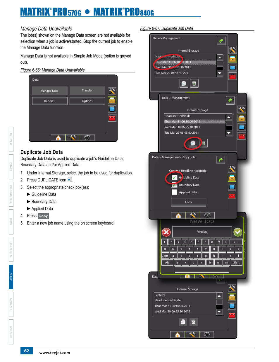 Manage data unavailable, Duplicate job data, New job | TeeJet Matrix Pro 840G User Manual User Manual | Page 69 / 127