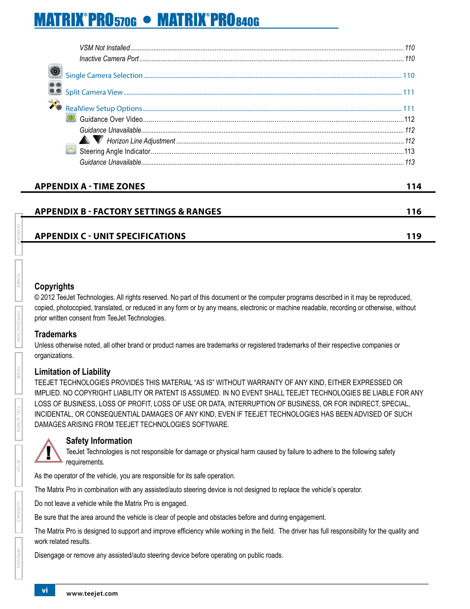 Copyrights, Trademarks, Limitation of liability | Safety information | TeeJet Matrix Pro 840G User Manual User Manual | Page 7 / 127