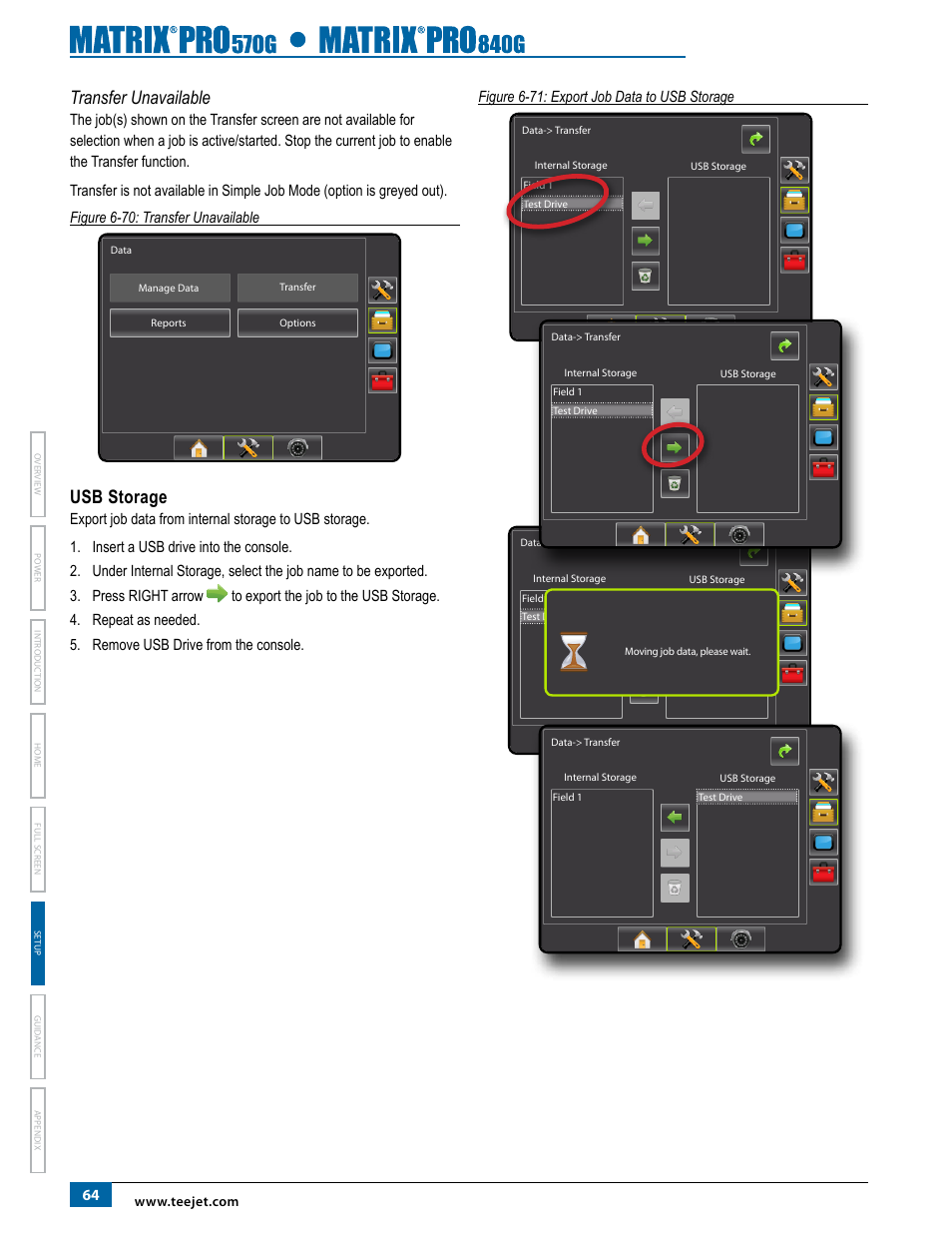 Transfer unavailable, Usb storage | TeeJet Matrix Pro 840G User Manual User Manual | Page 71 / 127