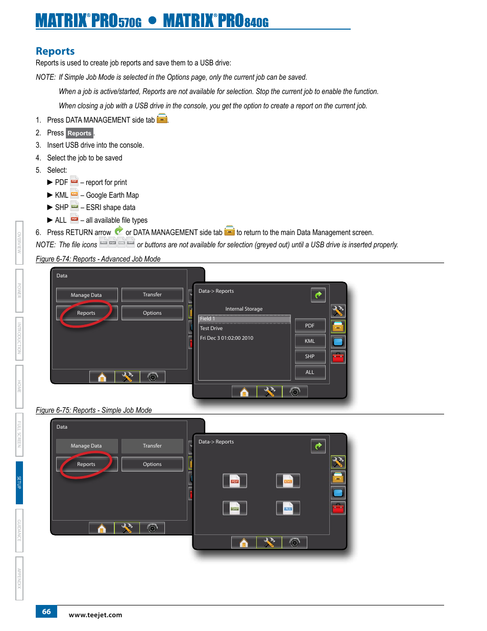Reports, Report for print ►kml, Google earth map ►shp | Esri shape data ►all, Figure 6-75: reports - simple job mode | TeeJet Matrix Pro 840G User Manual User Manual | Page 73 / 127
