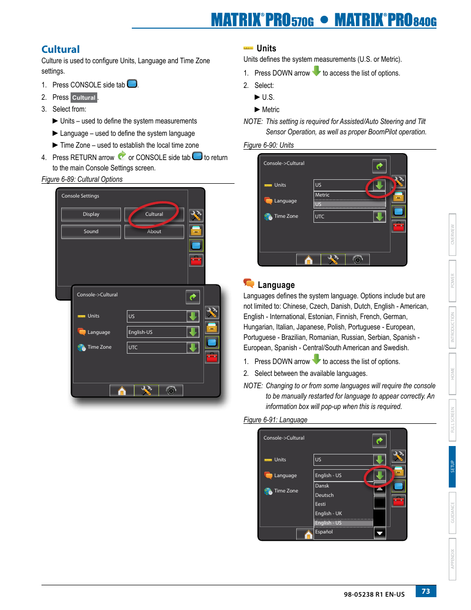 Cultural, Units, Language | TeeJet Matrix Pro 840G User Manual User Manual | Page 80 / 127