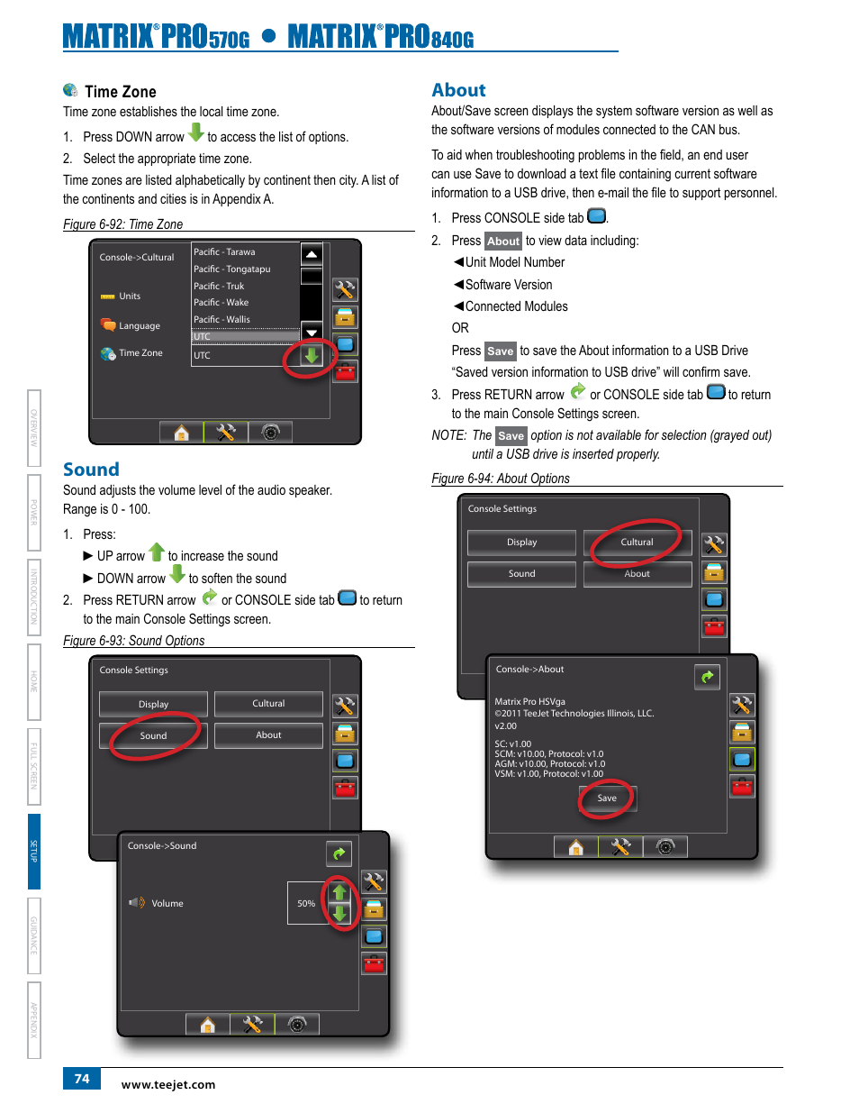Time zone, Sound, About | Sound about | TeeJet Matrix Pro 840G User Manual User Manual | Page 81 / 127