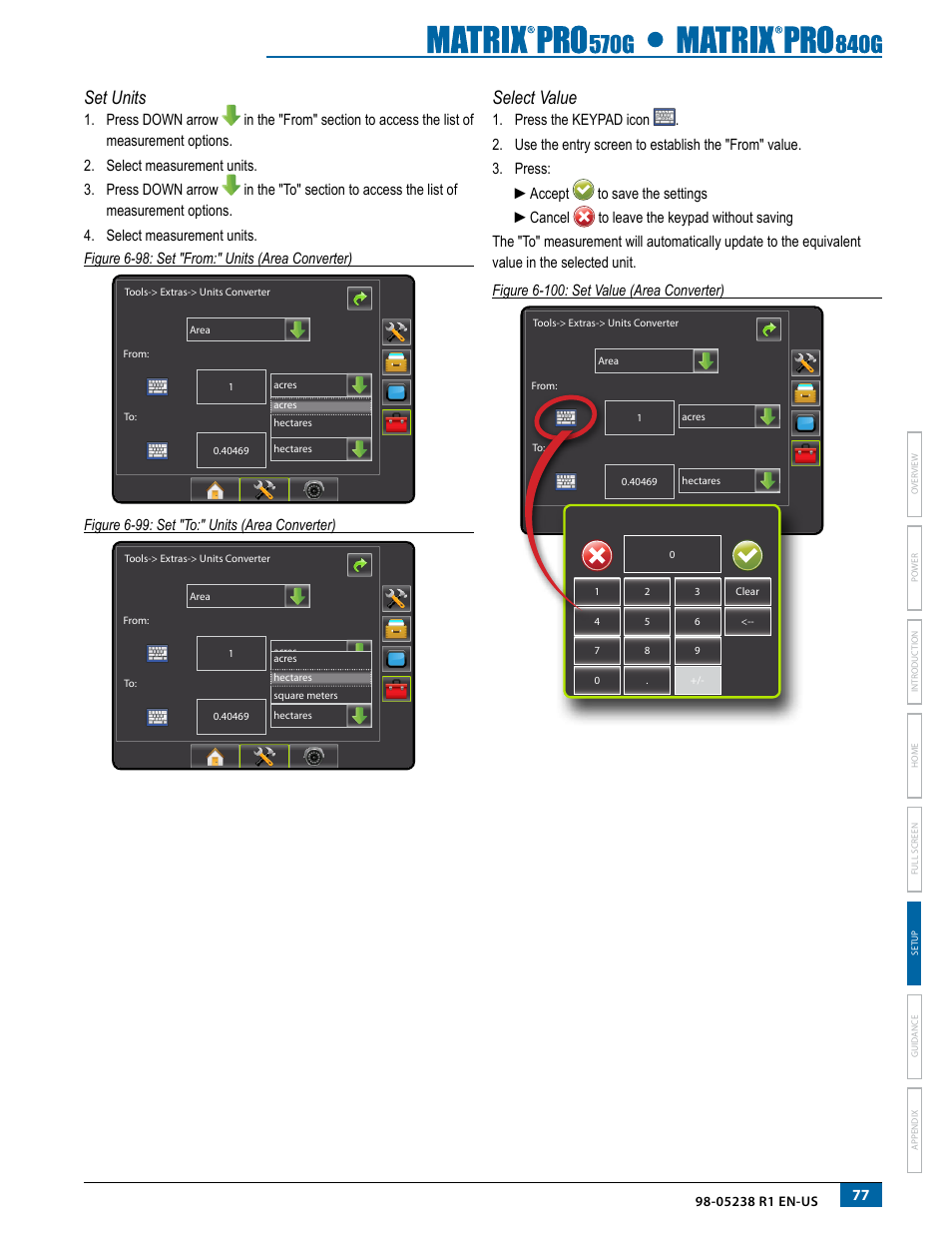 Set units, Select value, Set units select value | Figure 6-99: set "to:" units (area converter) | TeeJet Matrix Pro 840G User Manual User Manual | Page 84 / 127