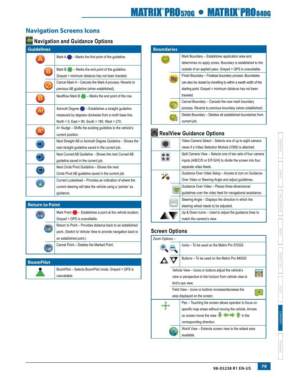Navigation screens icons, Navigation and guidance options, Realview guidance options | Screen options | TeeJet Matrix Pro 840G User Manual User Manual | Page 86 / 127