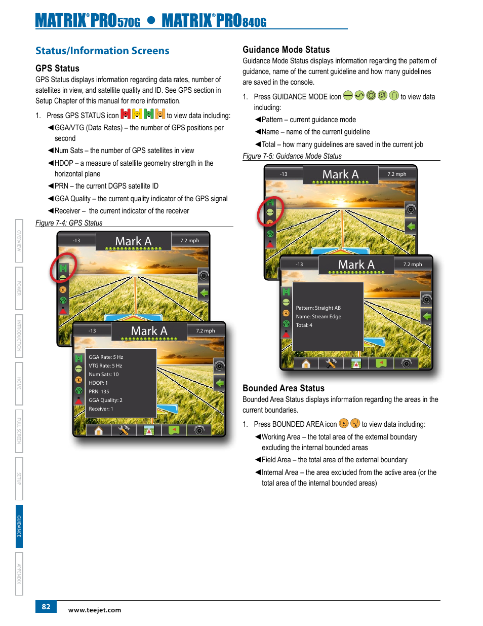 Status/information screens, Mark a, Gps status | Guidance mode status, Bounded area status | TeeJet Matrix Pro 840G User Manual User Manual | Page 89 / 127