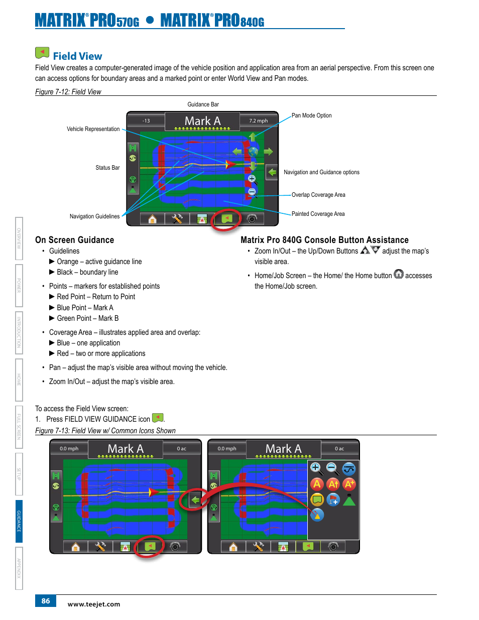 Field view, Mark a, On screen guidance | Matrix pro 840g console button assistance | TeeJet Matrix Pro 840G User Manual User Manual | Page 93 / 127