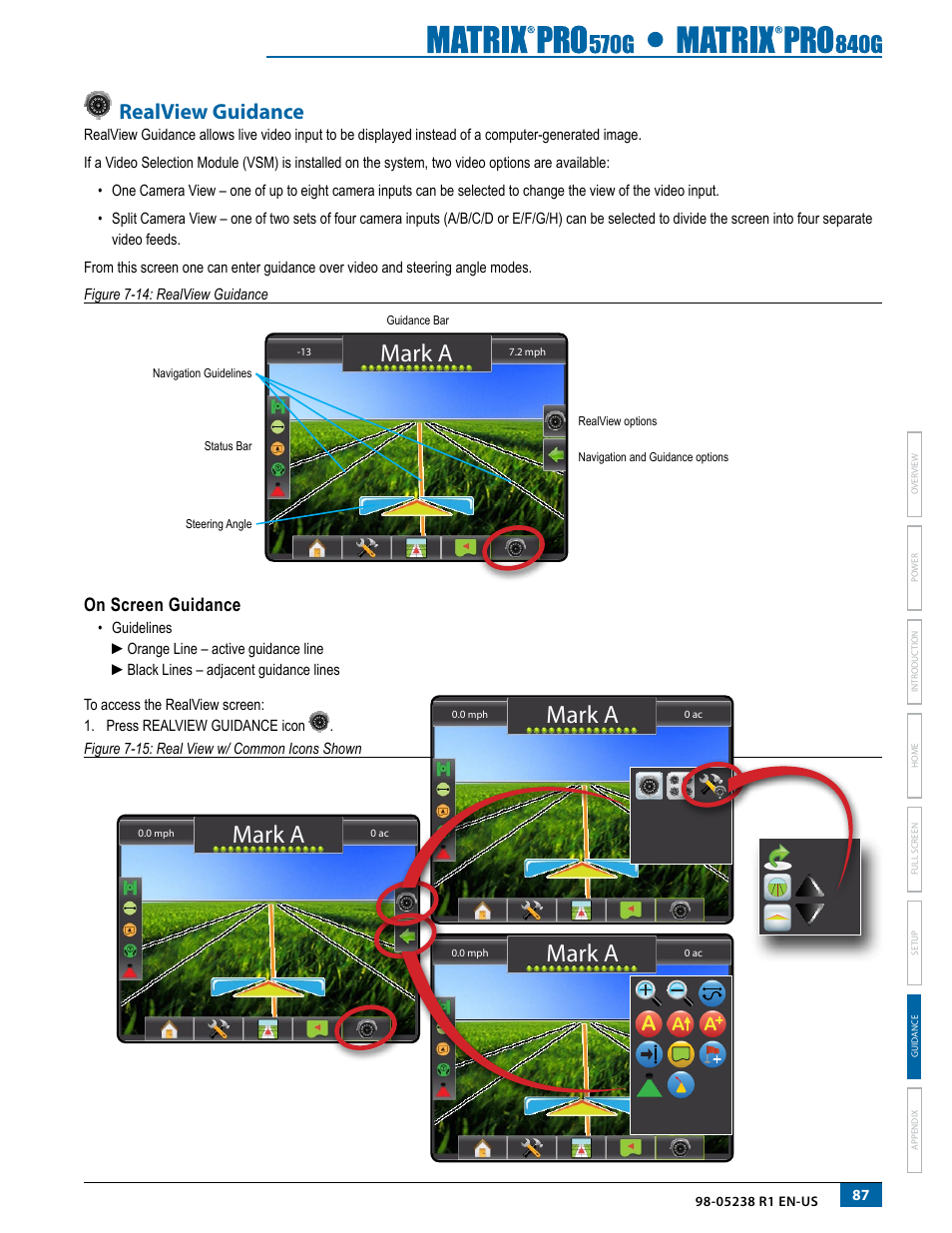 Realview guidance, Mark a, On screen guidance | TeeJet Matrix Pro 840G User Manual User Manual | Page 94 / 127