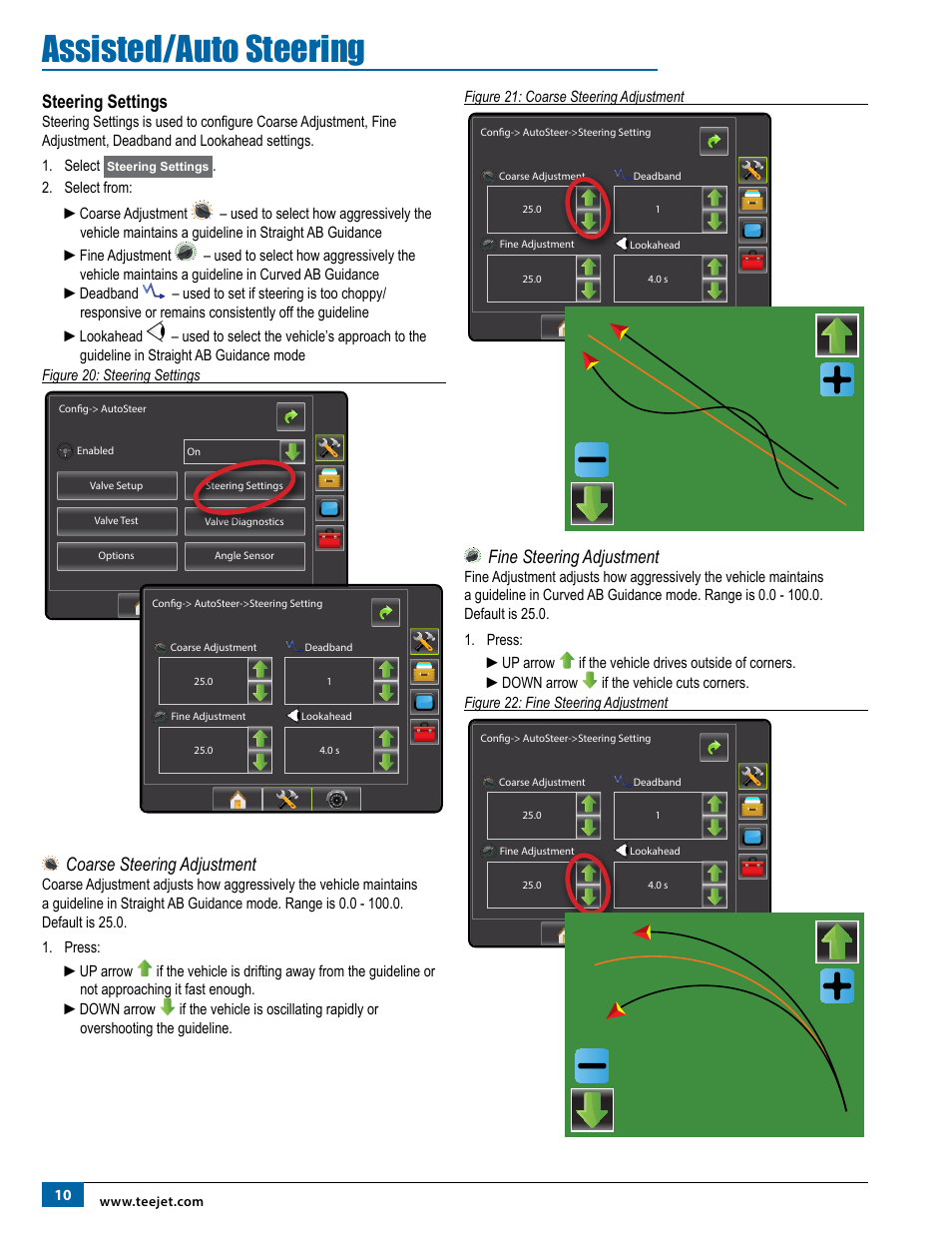 Steering settings, Coarse steering adjustment, Fine steering adjustment | Assisted/auto steering | TeeJet Matrix Pro 840G Assisted/Auto Steering Setup User Manual | Page 12 / 21