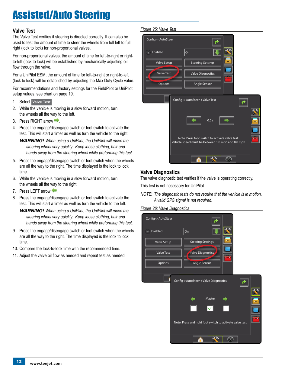 Valve test, Valve diagnostics, Valve test valve diagnostics | Assisted/auto steering | TeeJet Matrix Pro 840G Assisted/Auto Steering Setup User Manual | Page 14 / 21