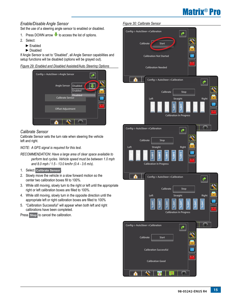 Enable/disable angle sensor, Calibrate sensor, Enable/disable angle sensor calibrate sensor | Matrix | TeeJet Matrix Pro 840G Assisted/Auto Steering Setup User Manual | Page 17 / 21