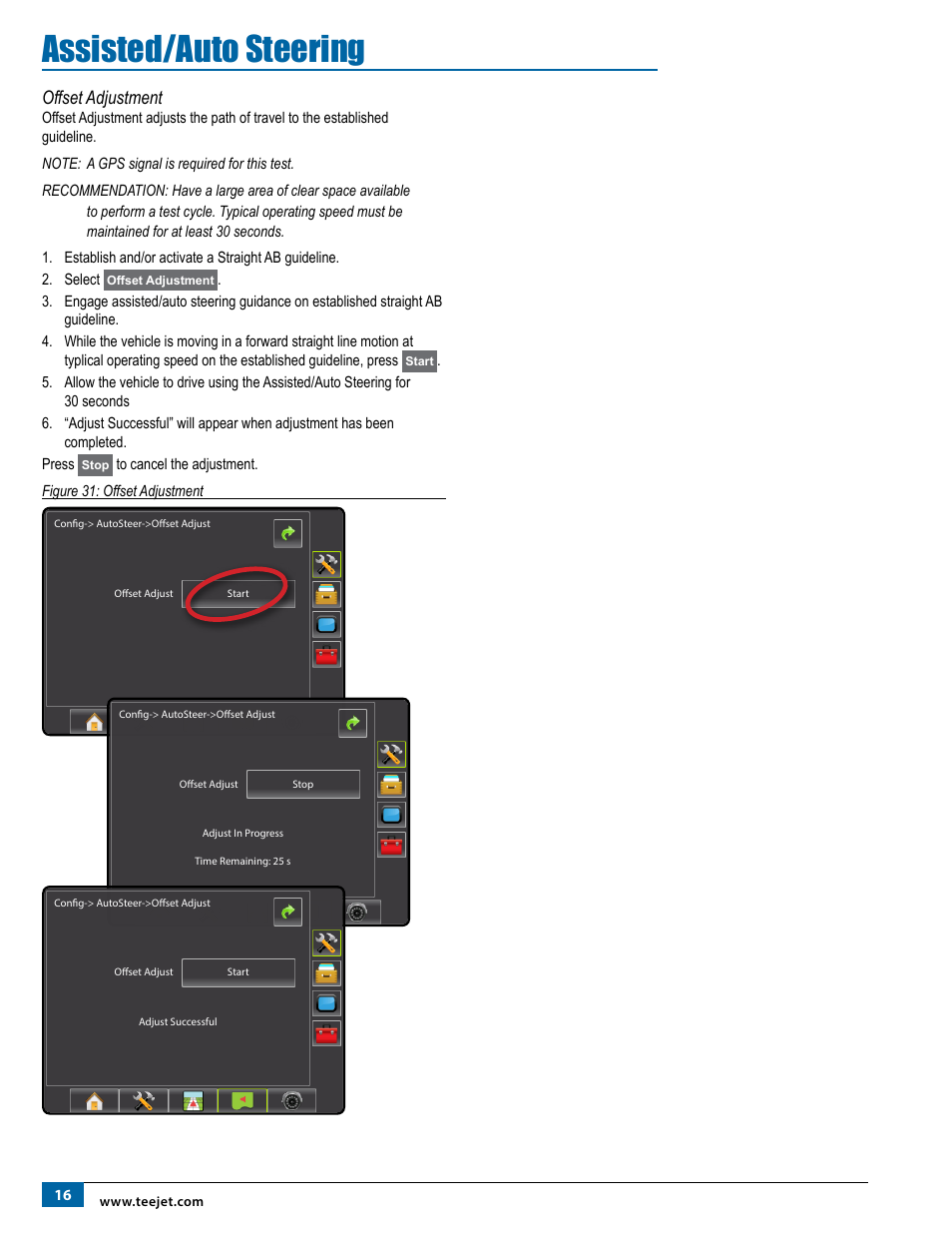 Offset adjustment, Assisted/auto steering | TeeJet Matrix Pro 840G Assisted/Auto Steering Setup User Manual | Page 18 / 21