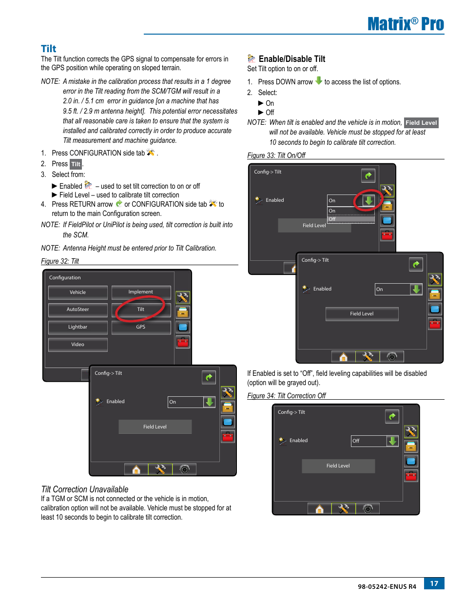Tilt, Tilt correction unavailable, Enable/disable tilt | Matrix | TeeJet Matrix Pro 840G Assisted/Auto Steering Setup User Manual | Page 19 / 21