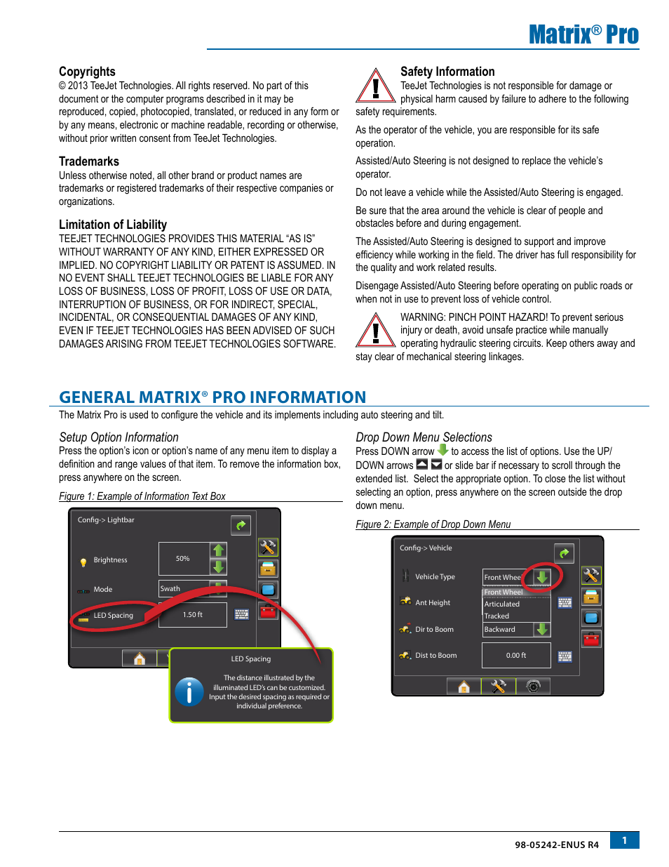 General matrix® pro information, Setup option information, Drop down menu selections | General matrix ® pro information, Setup option information drop down menu selections, Matrix, Copyrights, Trademarks, Limitation of liability, Safety information | TeeJet Matrix Pro 840G Assisted/Auto Steering Setup User Manual | Page 3 / 21