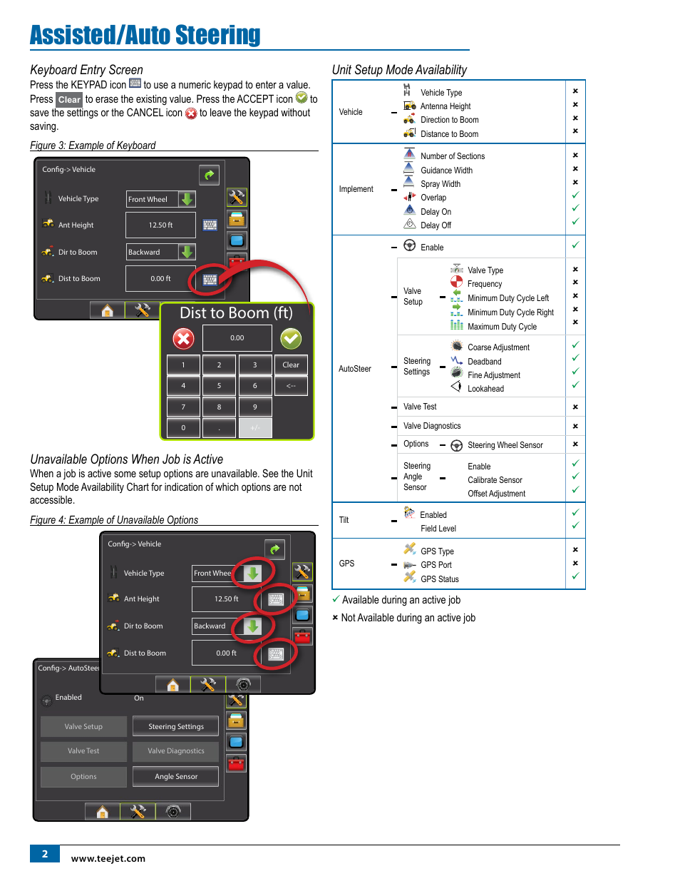 Keyboard entry screen, Unavailable options when job is active, Unit setup mode availability | Assisted/auto steering, Dist to boom (ft) | TeeJet Matrix Pro 840G Assisted/Auto Steering Setup User Manual | Page 4 / 21