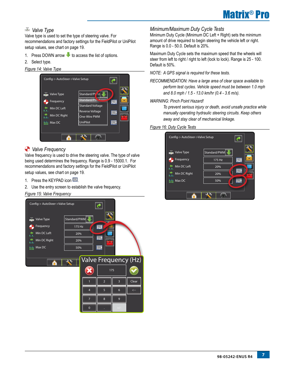 Valve type, Valve frequency, Minimum/maximum duty cycle tests | Valve type valve frequency, Matrix, Valve frequency (hz) | TeeJet Matrix Pro 840G Assisted/Auto Steering Setup User Manual | Page 9 / 21