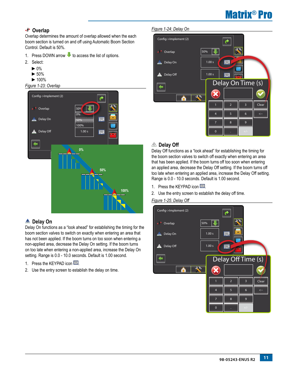 Overlap, Delay on, Delay off | Overlap delay on delay off, Matrix, Delay on time (s), Delay off time (s) | TeeJet Matrix Pro 840G BoomPilot Setup User Manual | Page 13 / 16