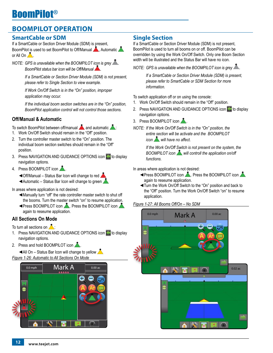 Boompilot operation, Smartcable or sdm, Off/manual & automatic | All sections on mode, Single section, Off/manual & automatic all sections on mode, Boompilot, Mark a | TeeJet Matrix Pro 840G BoomPilot Setup User Manual | Page 14 / 16