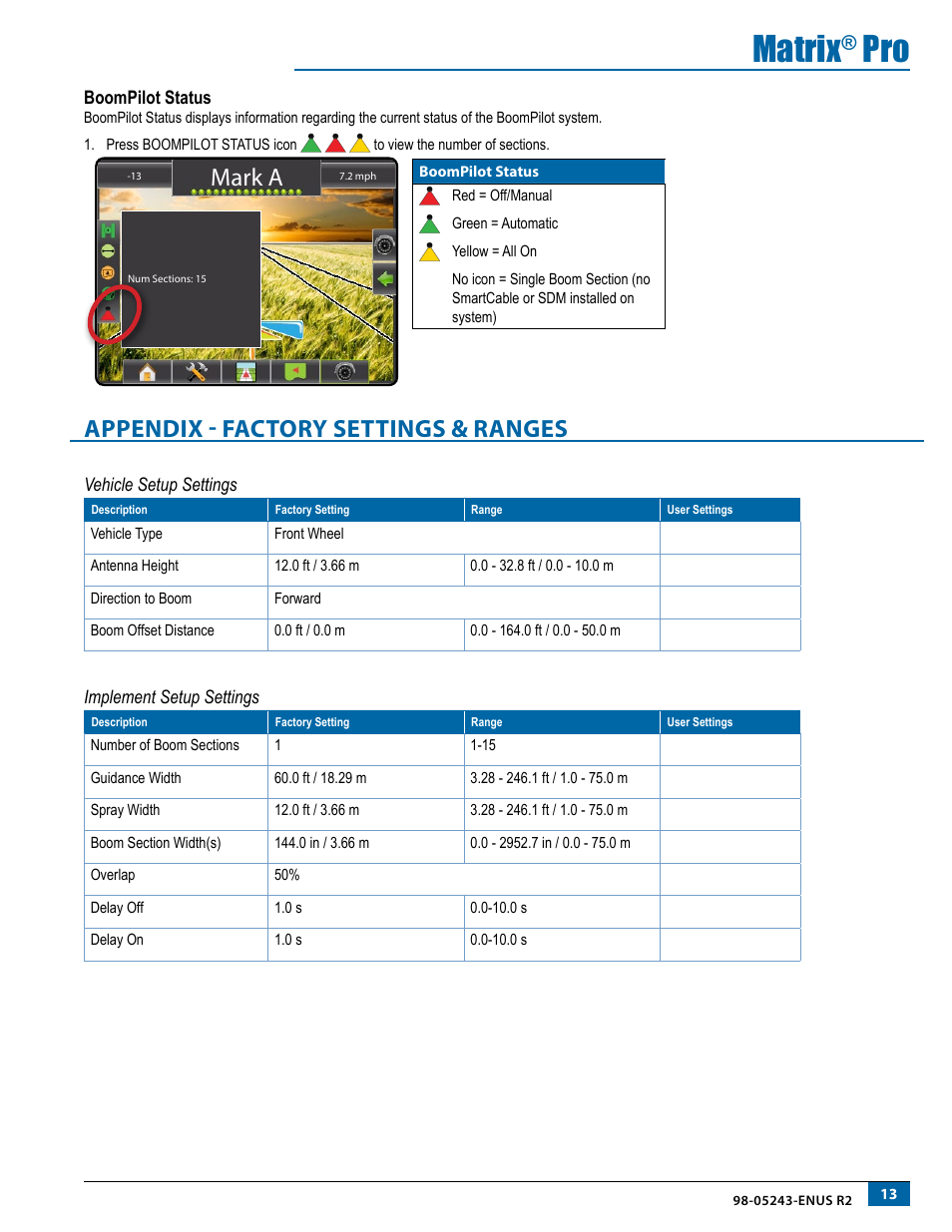 Boompilot status, Appendix - factory settings & ranges, Matrix | Mark a | TeeJet Matrix Pro 840G BoomPilot Setup User Manual | Page 15 / 16