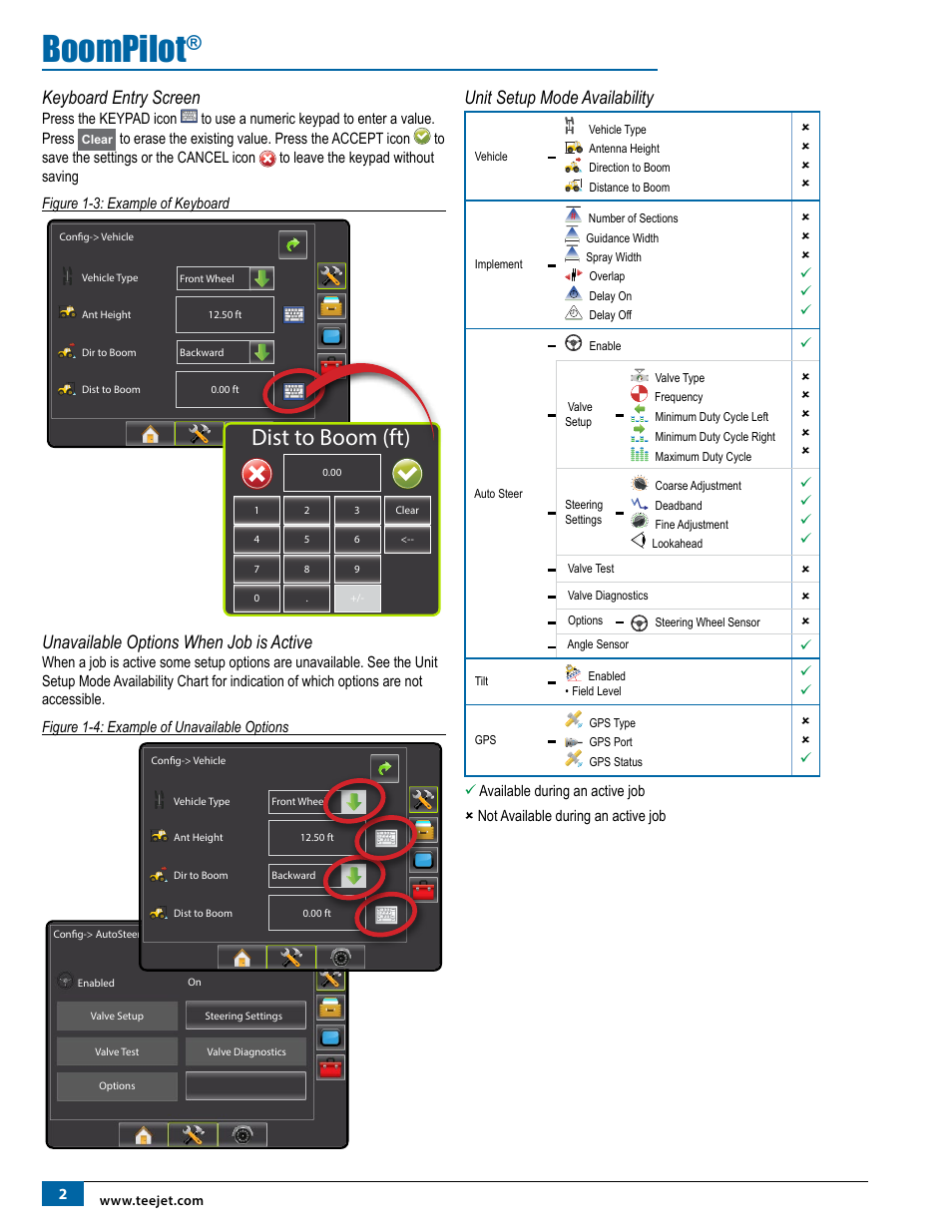 Keyboard entry screen, Unavailable options when job is active, Unit setup mode availability | Boompilot, Dist to boom (ft) | TeeJet Matrix Pro 840G BoomPilot Setup User Manual | Page 4 / 16