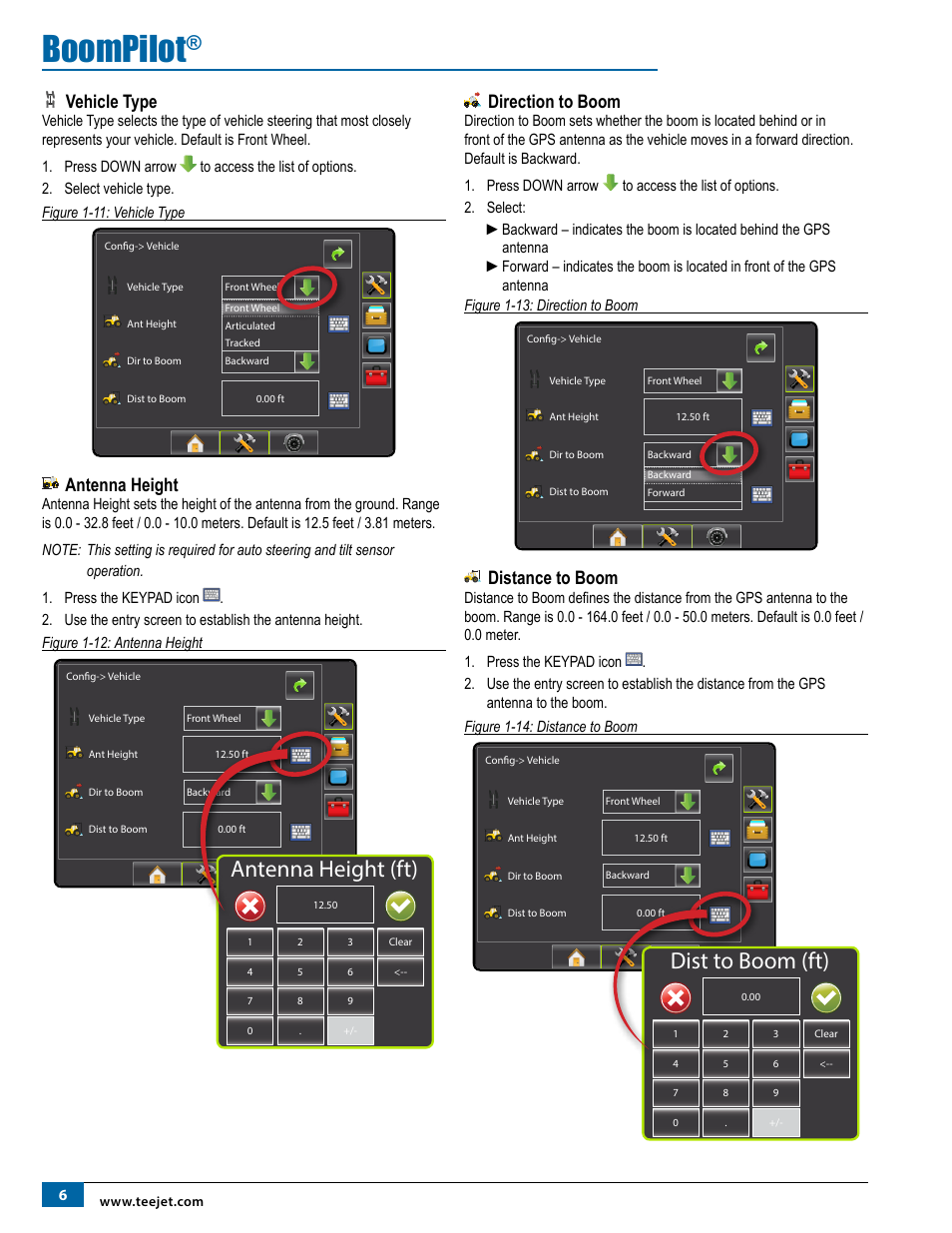 Vehicle type, Antenna height, Direction to boom | Distance to boom, Direction to boom distance to boom, Boompilot, Antenna height (ft), Dist to boom (ft) | TeeJet Matrix Pro 840G BoomPilot Setup User Manual | Page 8 / 16