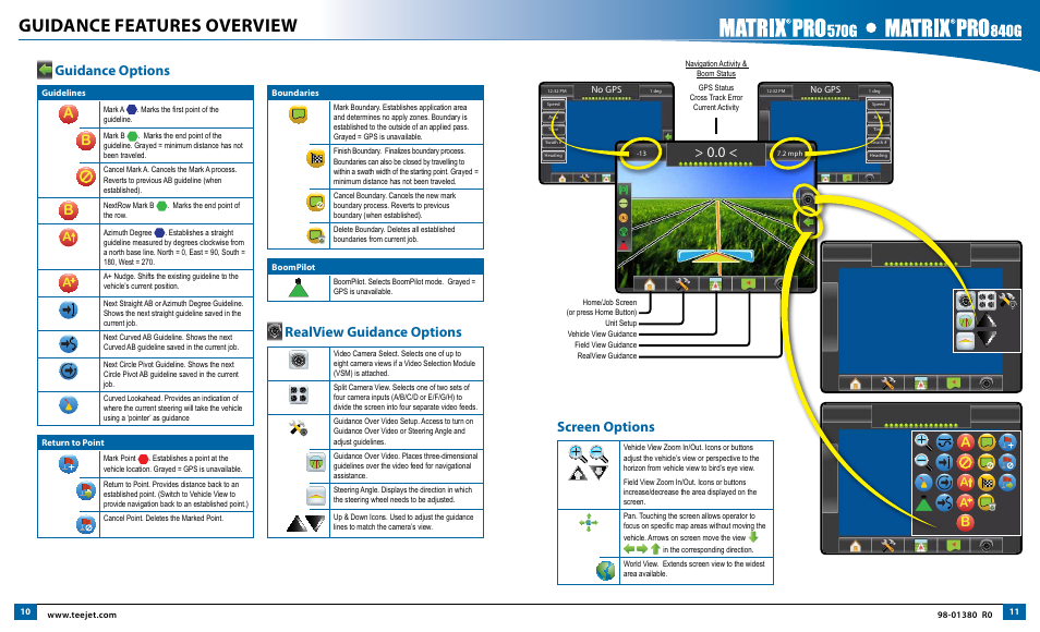 Guidance features overview, Guidance options, Screen options | Realview guidance options | TeeJet Matrix Pro 840G Start Up Guide User Manual | Page 6 / 9