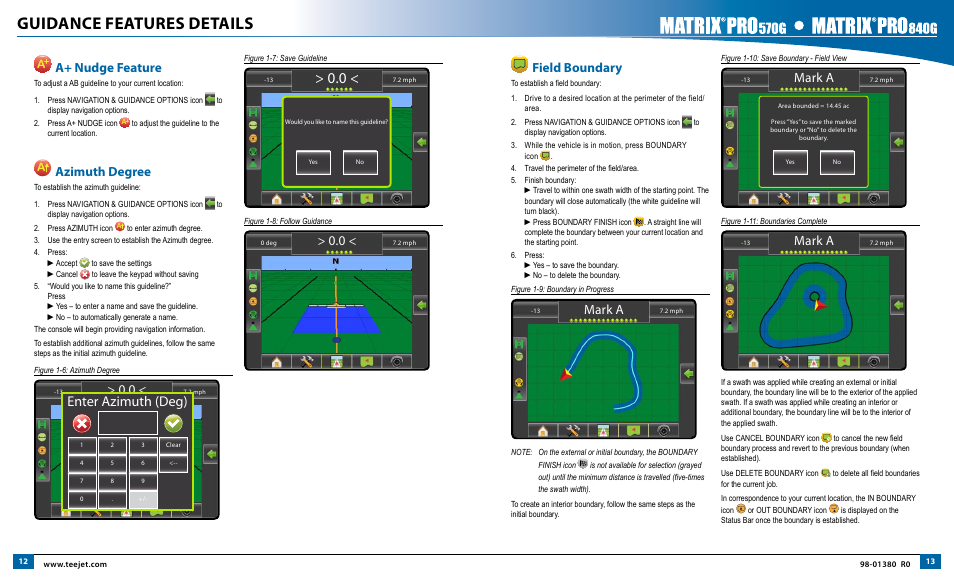 Guidance features details, Enter azimuth (deg), Mark a | A+ nudge feature, Azimuth degree, Field boundary | TeeJet Matrix Pro 840G Start Up Guide User Manual | Page 7 / 9