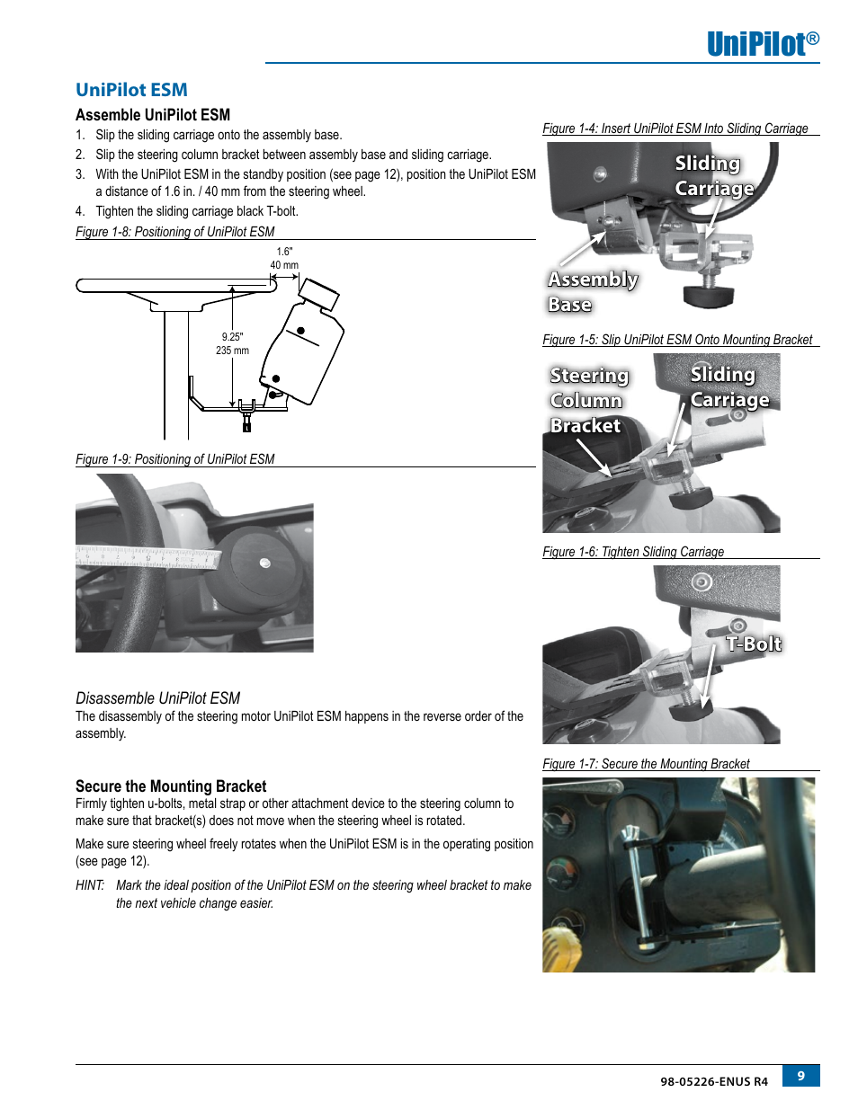 Unipilot esm, Assemble unipilot esm, Disassemble unipilot esm | Secure the mounting bracket, Unipilot, Sliding carriage assembly base, Sliding carriage steering column bracket, T-bolt | TeeJet UniPilot User Manual | Page 11 / 20